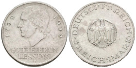 ALEMANIA. 3 ReichsMark (Ar. 14,99g/30mm). 1929. República de Weimar. Hamburgo J. 200 Aniversario del Nacimiento de Gotthold Lessing (Km#70). MBC+.