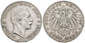 ALEMANIA (Prusia). 5 Marcos (Ar. 27,70g/38mm). 1904. Wilhelm II. Berlín A. (Km#523). MBC.