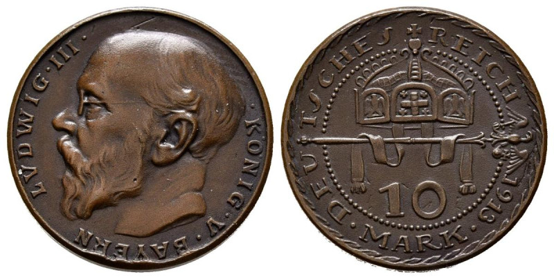 ALEMANIA. 10 Mark (Ae. 3,02g/20mm). 1913. Ludwig III. Prueba en cobre diseñada p...