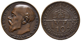 ALEMANIA. 10 Mark (Ae. 3,02g/20mm). 1913. Ludwig III. Prueba en cobre diseñada por Karl Goetz. EBC. Listel irregular.