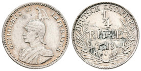 ALEMANIA (África Oriental Alemana). 1/4 Rupia (Ar. 2,89g/19mm). 1913. Guillermo II. Hamburgo J. (Km#8). MBC. Oxidaciones limpiadas. Escasa.