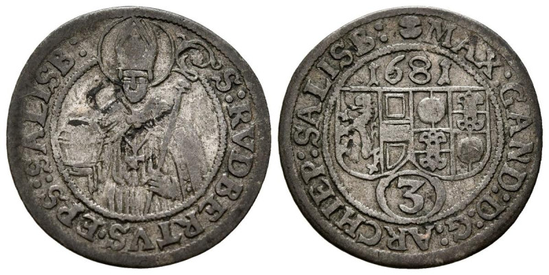 AUSTRIA, Arzobispo de Salzburgo. 3 Kreuzer. (Ar. 1,40g/20mm). 1681. Salzburgo. (...