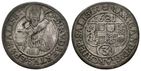 AUSTRIA, Arzobispo de Salzburgo. 3 Kreuzer. (Ar. 1,40g/20mm). 1681. Salzburgo. (km#228). MBC.