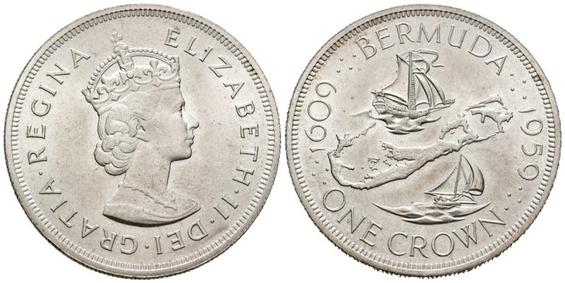 BERMUDA. 1 Crown (Ar. 28,40g/39mm). 1959. 350 Aniversario de la Fundación de la ...