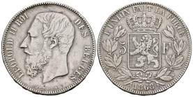 BÉLGICA. 5 Francos (Ar. 24,78g/37mm). 1868. Leopoldo II. (Km#24). MBC.