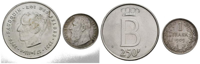 BÉLGICA. Conjunto de 2 monedas de plata de 1 y 250 Francos acuñados en 1909 y 19...