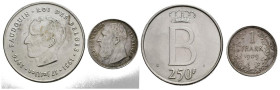 BÉLGICA. Conjunto de 2 monedas de plata de 1 y 250 Francos acuñados en 1909 y 1976 respectivamente. Buen nivel de conservación. A EXAMINAR.