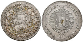 BRASIL. 960 Reis. (Ar. 27,00g/40mm). 1820. D. Joao VI. Río de Janeiro R. (Km#326.1). MBC+. Acuñada sobre una moneda de 8 Reales española. Bonito tono....