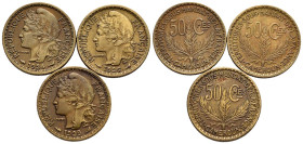 CAMERÚN. Interesante conjunto de 3 monedas 50 Céntimos acuñadas durante el periodo colonial francés (1924,1925 y 1926). Diferentes estados de conserva...