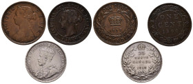 CANADÁ. Interesante conjunto de 3 monedas acuñadas entre 1896 y 1913 de diferentes módulos y materiales. Incluye unos 25 Cents en plata de 1913. Difer...