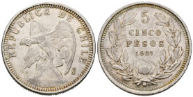 CHILE. 5 Pesos (Ar. 25,04g/37mm). 1927. Santiago. (Km#173). MBC+.