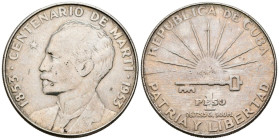 CUBA. 1 Peso. (Ar. 26,68g/38mm). 1953. Centenario del Nacimiento de José Martí (1853-1953). (Km#29). MBC+. Marquitas en anverso.