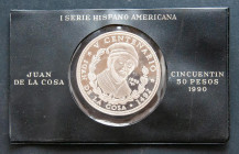 CUBA. 50 Pesos. (Ar. 155,95g/65mm). 1990. I Serie Hispano Americana. Juan de la Cosa. (Km#297). Plata de 0.999 milésimas. PROOF. Sólo 2000 unidades ac...
