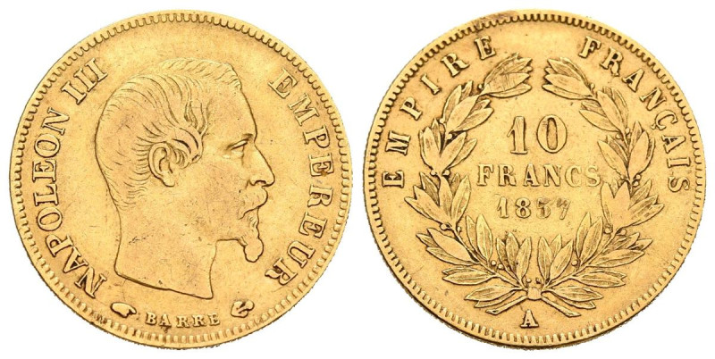 FRANCIA. 10 Francos (Au. 3,19g/19mm). 1857. Napoleón III. París A. (Km#784.3). M...