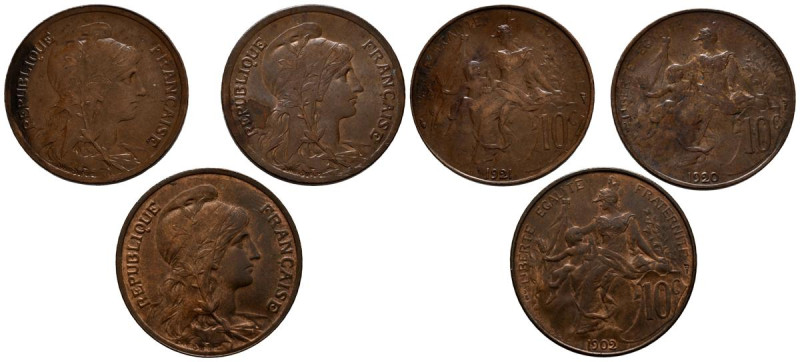 FRANCIA. Conjunto de 3 monedas de bronce de 10 Céntimos acuñadas en 1902, 1920 y...