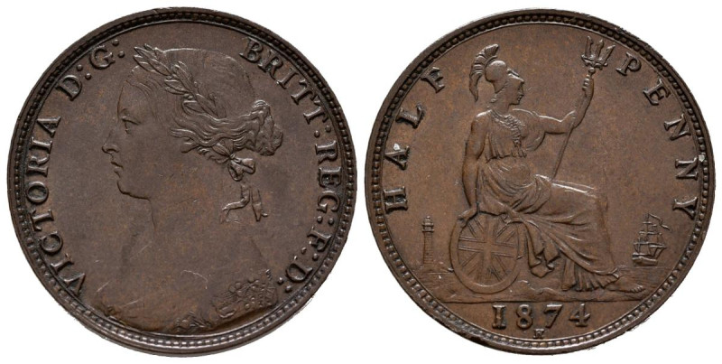 GRAN BRETAÑA. 1/2 Penny (Ae. 5,75g/26mm). 1874. Reina Victoria. Birmingham H. (K...