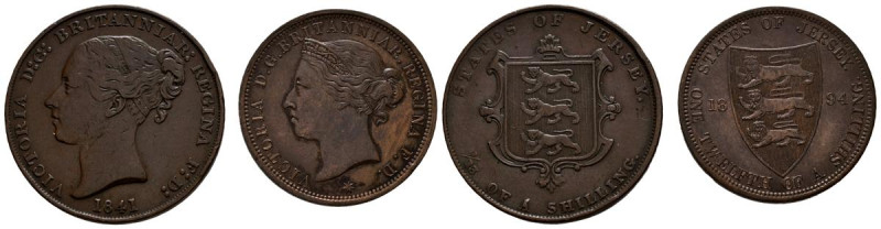 JERSEY. Conjunto de 2 monedas de bronce de 1/12 y 1/13 de Shilling acuñados en 1...