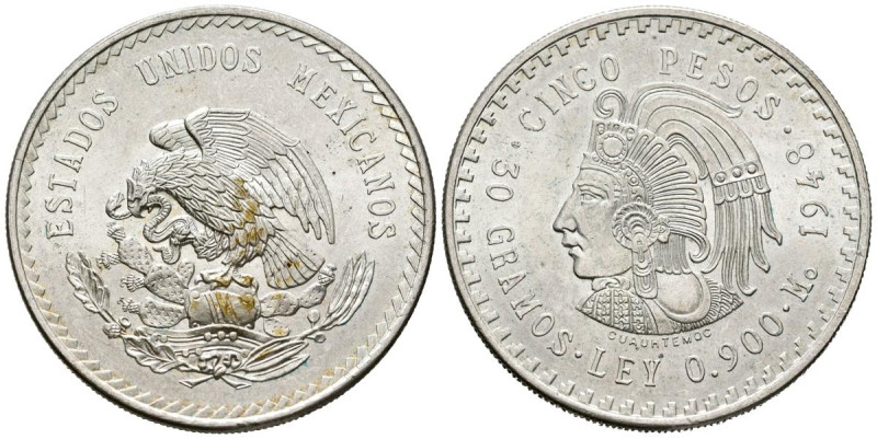 MÉXICO. 5 Pesos. (Ar. 30,04g /40mm). 1948. (Km#465). SC-. Leves marquitas en rev...