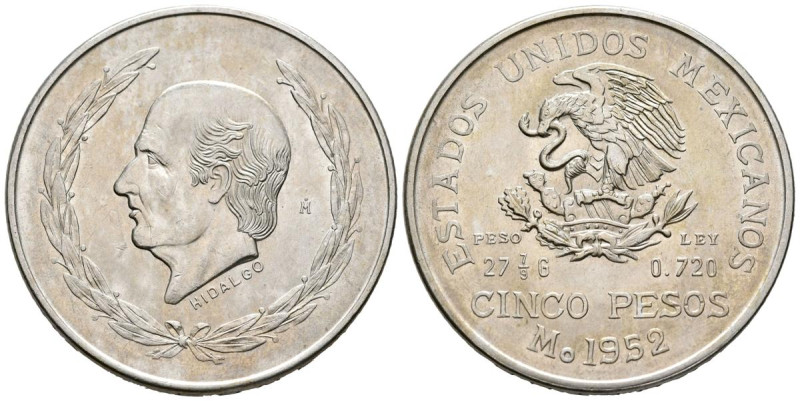 MÉXICO. 5 pesos. (Ar. 27,78g /40mm). 1952. Hidalgo. (Km#467). EBC. Ligeras marqu...