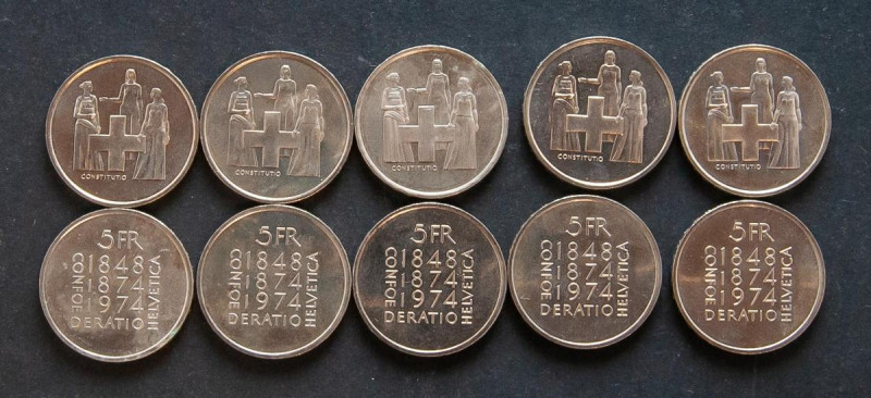 SUIZA. Conjunto de 10 monedas de 5 Francos conmemorativos del Centenario de la R...