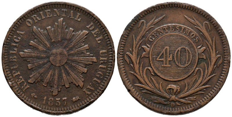 URUGUAY. 40 Centésimo (Ae. 34,42g/38mm). 1857. Lyon D. (Km#10). MBC.