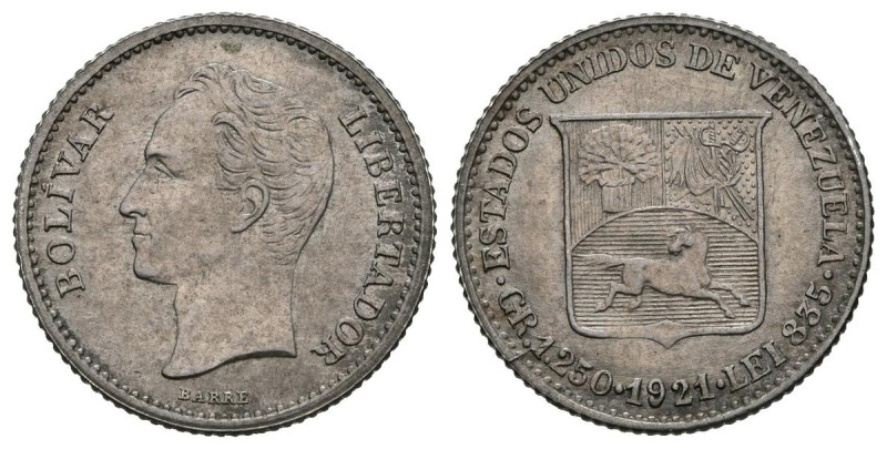 ESTADOS UNIDOS DE VENEZUELA. 1/4 Bolívar. (Ar. 1,25g/15mm). 1921. Philadelphia. ...