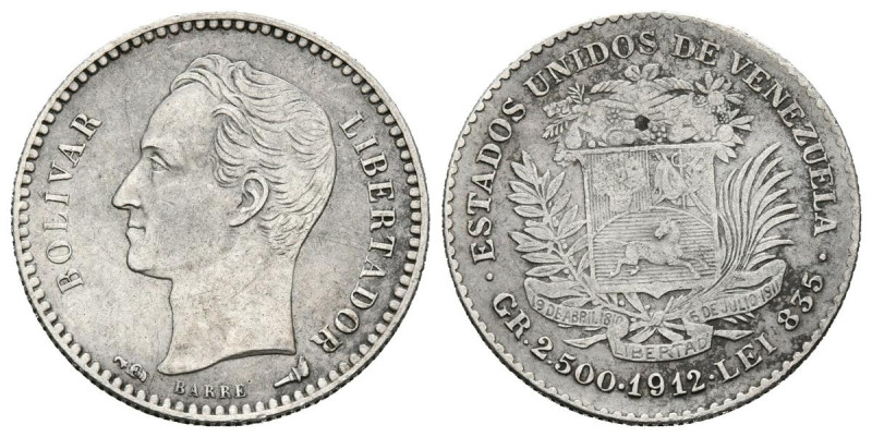 ESTADOS UNIDOS DE VENEZUELA. 50 Céntimos. (Ar. 2,50g/18mm). 1912. París. (Km#Y21...