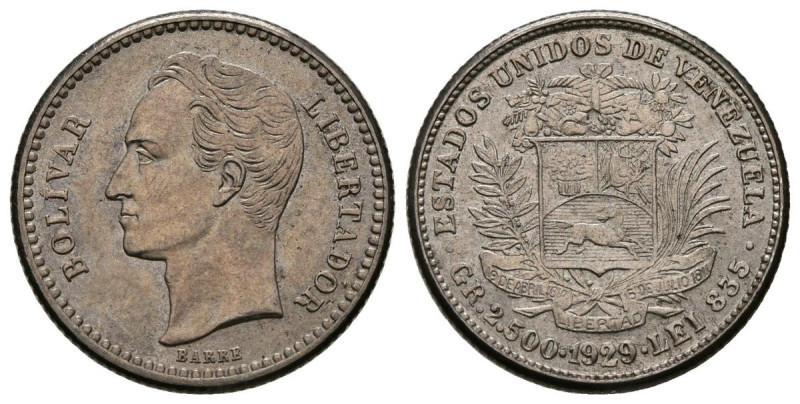 ESTADOS UNIDOS DE VENEZUELA. 1/2 Bolívar. (Ar. 2,47/18mm). 1929. Philadelphia. (...