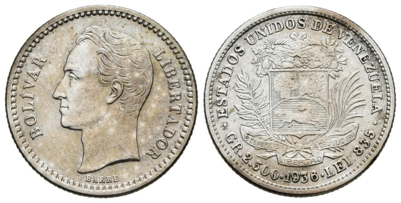 ESTADOS UNIDOS DE VENEZUELA. 1/2 Bolívar. (Ar. 2,50g/18mm). 1936. Philadelphia. ...