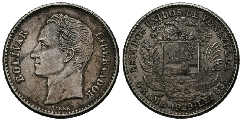 ESTADOS UNIDOS DE VENEZUELA. 1 Bolívar (Ar. 5,00g/28mm). 1929. Philadelphia. (Km...