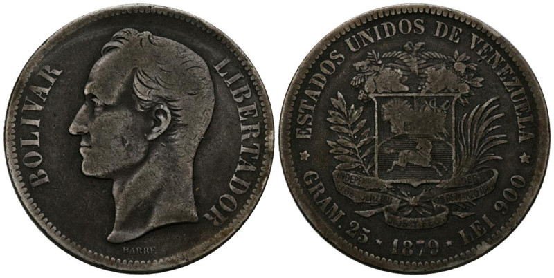 ESTADOS UNIDOS DE VENEZUELA. 5 Bolívares (Ar. 24,34g/37mm). 1879 (primer año de ...