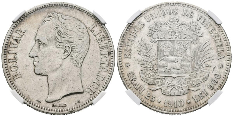 ESTADOS UNIDOS DE VENEZUELA. 5 Bolívares. (Ar. 25,00g/37mm). 1910. Philadelphia....