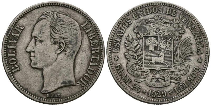 ESTADOS UNIDOS DE VENEZUELA. 5 Bolívares. (Ar. 24,99g/37mm). 1929. Philadelphia....