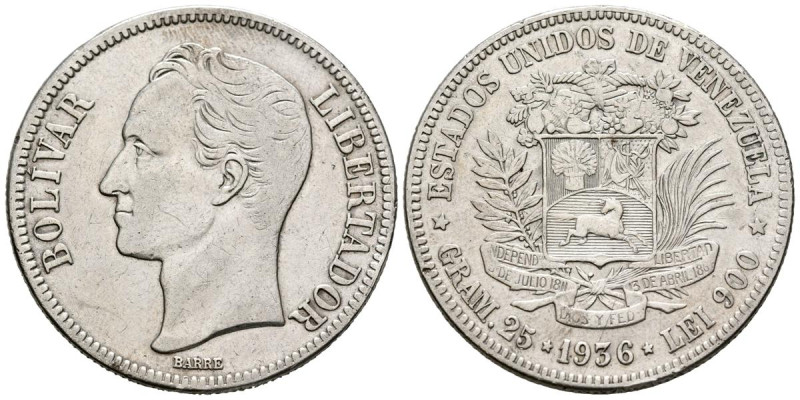 VENEZUELA. 5 Bolívares. (Ar. 24,86g/37mm). 1936. Philadelphia. (Km#24.2). MBC/MB...