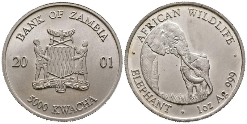 ZAMBIA. 5000 Kwacha (Ar. 31,31g/34mm). 2001. Serie Vida Salvaje en África. Elefa...