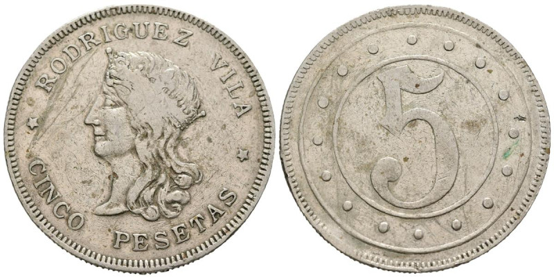 RODRIGUEZ VILA, ¿Pontevedra?. 5 Pesetas. (Metal Blanco. 19,11g/37mm). MBC-.