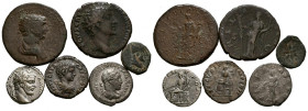 IMPERIO ROMANO. Conjunto de 6 monedas, 5 de ellas romanas, que incluye 3 denarios (Septimio Severo, Geta y Caracalla) y 2 bronces de diferentes empera...