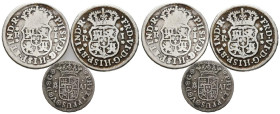 MONARQUÍA ESPAÑOLA. Bonito conjunto de 3 piezas en plata (2 de 1 Real Columnario y 1 de 1/2 Real) acuñadas por Felipe V y Fernando VI en Mádrid y Méxi...