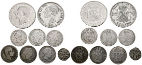 MONARQUÍA ESPAÑOLA Y CENTENARIO DE LA PESETA. Bonito conjunto de 9 piezas, la mayoría de ellas en plata, y acuñadas bajo los reinados de Isabel II y A...