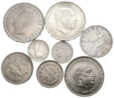 Conjunto de 9 monedas acuñadas entre la época del Centenario de la Peseta y Juan Carlos I, destacan 2 Pesetas del Gobierno Provisional y 50 Céntimos d...