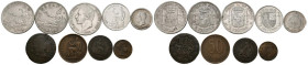 ESPAÑA. Interesante conjunto de 9 monedas en cobre y plata acuñadas entre los periodos de la Monarquía Española y la II República. Diferentes módulos ...