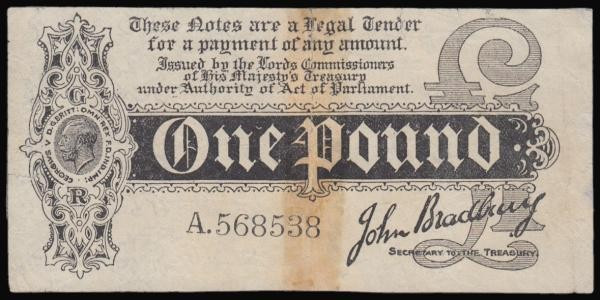 One Pound Bradbury T1 issued 1914 series A.568538, perhaps VF for overall wear b...