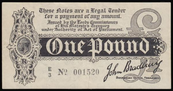 One Pound Bradbury First Issue T3.3 Black Six-digit serial number Dot in No. typ...