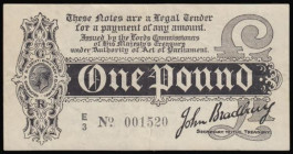 One Pound Bradbury First Issue T3.3 Black Six-digit serial number Dot in No. type 1914 series E/3 001520 original and relatively crisp VF/GVF with a t...