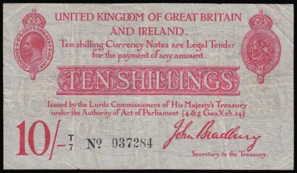 Ten Shillings Bradbury T13.1 issued 1915, series T/7 037284, portrait of King Ge...