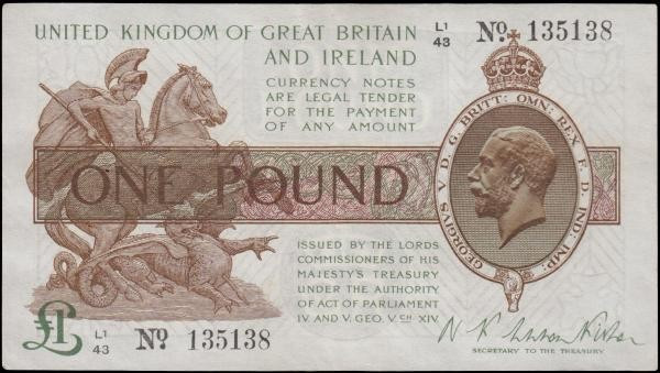 One Pound Warren Fisher T31 issued 1923, series L1/43 135138, portrait King Geor...