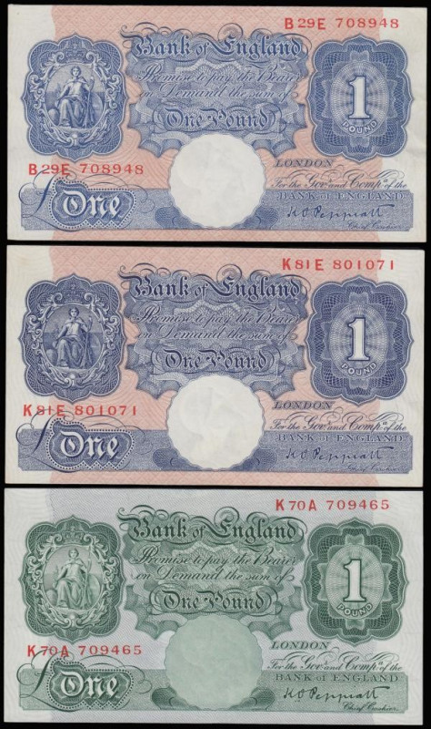 One Pounds (3) Peppiatt B239 prefix K70A AU (light centre fold), B249 blue (2) p...