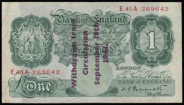 One Pound Peppiatt Guernsey Overprint B239A, serial number E45A 269642 'Withdraw...