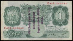 One Pound Peppiatt Guernsey Overprint B239A, serial number E45A 269642 'Withdrawn from Circulation September 18th 1941.' Fine, Rare

Estimate: GBP 1...