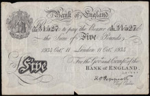 Five Pounds Peppiatt Bernhard German forgery WW2 dated 11 Oct 1934 A133 31527, edge nicks & usual pinholes, VF

Estimate: GBP 25 - 35
